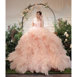 Pink Evening Dresses Elegant Off The Shoulder Ball Gowns Party Dresses Fashion Ruffled Tiered Pleat Court Train Prom Dresses