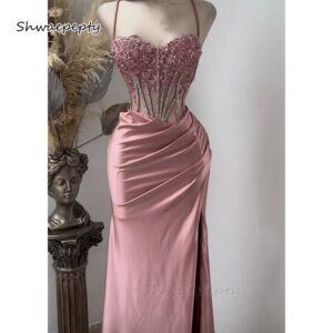 Side Slit Long Prom Dress Floor Length Lace Applique Crystals Beaded Corset Pink Satin Spaghetti Straps Evening Gown Customized