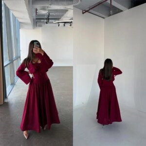 Customized  Exquisite Burgundy Chiffon Evening Dress Temperament Strapless Detachable Sleeve Long Sleeves Homecoming Dr
