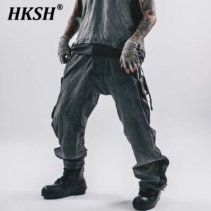 HKSH Spring Summer Man Tide Dark Techwear Dirty Washed Nylon Waste Land Cargo Pants Three Dimensional Cut Zipper Spliced HK5047