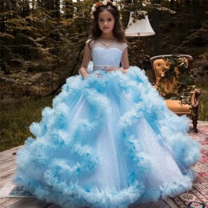 2-14 Years Lace Tulle Flower Girls Dress Princess For Kid Child Wedding Party Juniorbridesmaid Maxi Ball Gown Evening