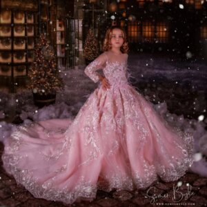 Luxury Pink Tulle Flower Girl Dress for Photo Shoot Customized Beads Kids Birthday Prom Ball Gowns Feathers Children Dresses