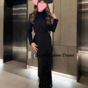 Customized Evening Dresses A-Line Scoop Neckline Floor-Length Beadings Dresses For Special Occasions Zipper Up Long Sleeves Dres