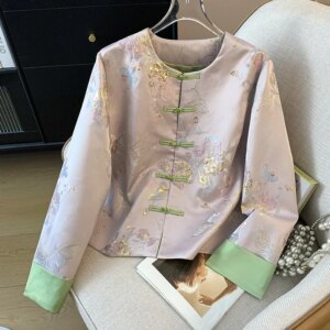 New Chinese style improved Hanfu long sleeve disc button jacquard brocade weaving gold heavy embroidery cardigan lady coat