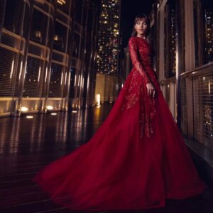 Elegant Red Evening Dresses Fashion O-Neck Sequined Beads Party Gowns Applique A-Line Long Sleeves Sweep Train Prom Dresses