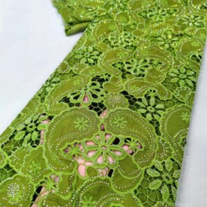 Green Nigerian Lace Fabrics 2024 Embroidered Dubai New Nigerian Guipure Cord Lace Fabric Stones Chiffon Lace For Wedding DA590-1
