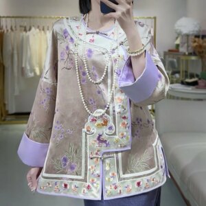 High-end Autumn Women Acetate Top Retro Embroidery Plum Blossom Elegant Lady Loose Coat Palace of the Qing Rulers S-XXL