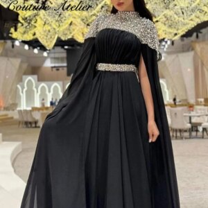 Dubai Evening Dress High Neck Long Sleeve Crystal Chiffon A Line Formal Party Gown Arabian Prom Dresses Robe Soiree Customized