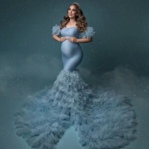 Amazing Dusty Blue Maternity Dress for Photoshoot Lush Ruffles Pregnancy Babyshower Bridal Dress for Photography Customized