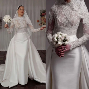 Elegant Long Bridal Dress Lace High Neck Long Sleeve Mermaid Wedding Dress With Removable Train Customized Vestidos De Novia