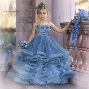 Luxury Dusty Blue Flower Girl Dresses Princess Spaghetti Straps Ball Gown Kids Birthday Party Gown For Prom Pageant