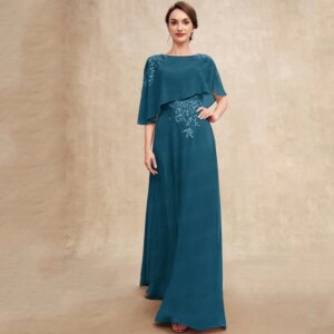 Customized Cape Chiffon Mother Of The Bride Dress Scoop Neck Glitter Sequin Applique Floor Length Long Wedding Guest Party Gown