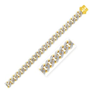 14k Two Tone Gold 8 1 2 inch Wide Curb Chain Bracelet with White Pave