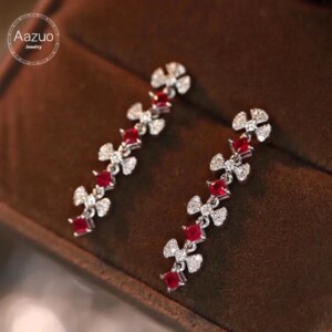 Aazuo Real 18K White Gold Natural Ruby Real Diamonds Luxury Sector Drop Earrings Gifted For Women Engagement Wedding Party