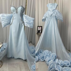 Customized Sky Blue Jersey Party Dresses Sparkly Crystal and Beading Court Train Evening Dress Handmade flowers Celebrity Gowns
