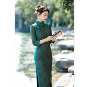 Old Shanghai Pearl Cotton Long Wide-Brimmed 3/4 Sleeve Cheongsam Qi Pao Winter New Traditional Retro National Style Dress