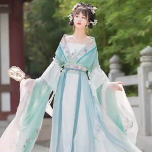 Women’s Han Chinese Clothing Ancient Costume Wei Southern Dynasties Style Improved Super Big Sleeve Waist-High Ruqun