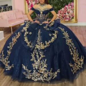Navy Blue Shiny Off Shoulder Quinceanera Dresses Gold Applique Lace Beads Bow Tull Party Birthday Sweet 16 Dress Vestidos 15 De
