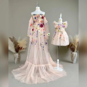 Don&Judy Mommy And Me Shoot Dress Set Appliquéd Tulle Princess Dresses Suitable for Flower Fairy Parties Birthday Celebrations
