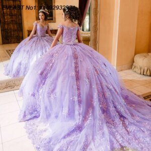 EVLAST Customized 2025 Lilac Lace Ball Gown Quinceanera Dress Floral Applique Beading Corset Sweet 16 Vestidos De 15 Anos E1Q848
