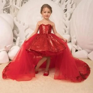 Red Flower Girl Dresses for Wedding Bow Shining Sequins O-Neck Lovely Girl Kids Birthday Party First Holy Communion Gown