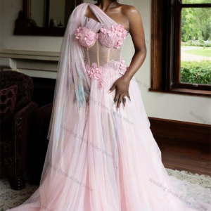 Pink Wedding Women Prom Dress One Shoulder Sleeveless Bridal Party Robes Appliqued Lace Evening Gown Sleepwear Customized Skirt