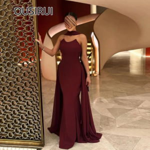 Simple Strapless Satin Bridesmaid Evening Dress Sheath Open Back Detachable Court Bridesmaid Gown with Cape Customized