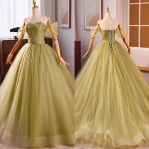 Customized Modern Green Organza Evening Dress Temperament StraplessOff the Shoulder Short Sleeves Lace Up Back Prom Dress