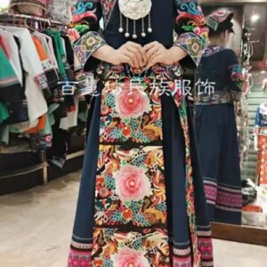Chinese Hmongb Dress New Style Navy Colour Ethnic Embroidery Women Spring Daily