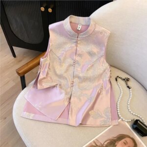 New Chinese style pan embroidery vest pink yellow