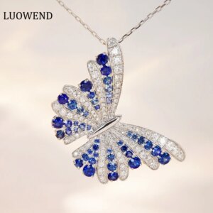 LUOWEND 18K White Gold Real Natural Ruby or Sapphire Fashion Gradient Design Butterfly Shape Necklace for Women Diamond Jewelry