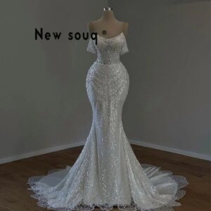 Arabic White Ivory Mermaid Evening Dress Off The Shoulder Shiny Sequins Beaded Long Mermaid Prom Dresses Elegant Customized