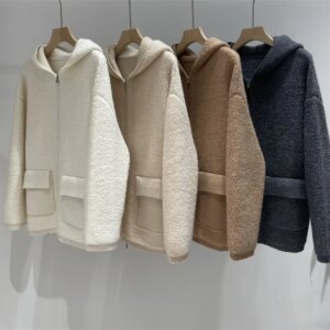 Women’s Hooded Cardigan Jacket Cashmere Zipper Double Pockets Long Sleeve Knitted Sweater Autumn L*P