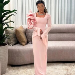 Customized Delicate Square Collar Long Sleeves Flowers Evening Dresses Graceful Pleats Jersey Vestido De Festa Vestido De Noche