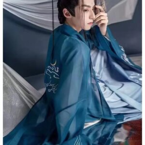 Large Size 3XL Hanfu Men Chinese Traditional Printed Hanfu Carnival Cosplay Costume Party Outfit Gradient Blue Hanfu Sets Women