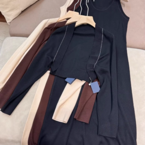 2025 New Women Knitted Set Solid Color Beaded Cardigan + U-Neck Sleeveless Long Dress Casual Female Suit
