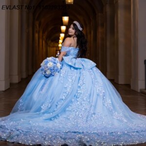 EVLAST Customized Glitter Sky Blue Ball Gown Quinceanera Dress Lace Applique Beading Bow Sweet 16 Vestidos De 15 Anos E1Q860
