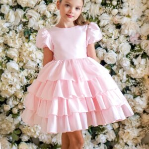 Soft Satin Puff Sleeve A-line Flower Girl Dresses With Back-Bow Tiered Ruffles Lovely Mini Cake Dress Wedding Guest Party Gowns