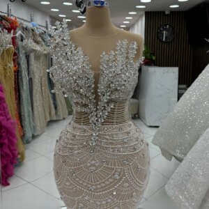 Silver Stones Lace Party Dress Strapless Sleeveless Nude Champagne Wedding Event Gowns Women Engagements Prom Wear Customized
