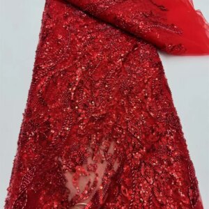High Quality African Red Handmade Beaded Lace Fabric 2025 Sewing Sequins Embroidery Nigerian Net Lace Fabrics Women Dress Q437-1