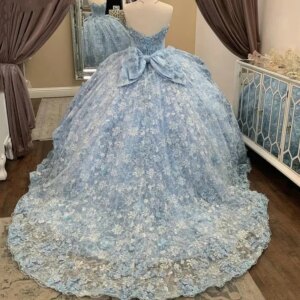 Customized Luxury Sky Blue Vestido De xv Anos Bowknot Ball Gown Quinceanera Dresses Women Prom Birthday Party Occasion Wear 2025
