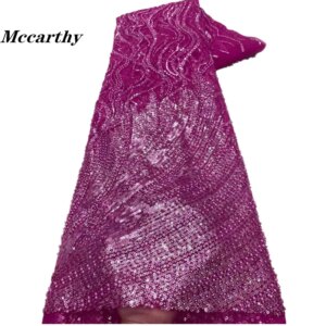 Latest African Sequins Lace Fabric 2024 High Quality Lace Embroidery Beaded Mesh Fabric 5 Yards For Women Wedding Party Dress
