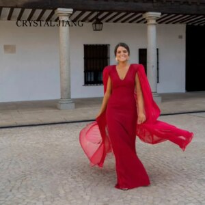 Vintage Red V Neck Chiffon Prom Dresses Full Sleeves A Line Floor Length فساتين للمناسبات الرسمية Party Gowns