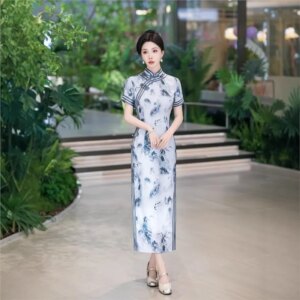 New long improved girl’s cheongsam ink painting elegant daily silk jacquard