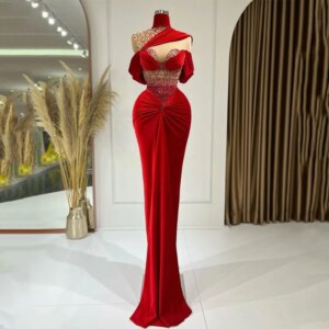 Vintage Velour Mermaid Evening Dresses High Neck Mesh Pearls Crystal Ruched Formal Party Prom Gowns Illusion Vestido Custom Made