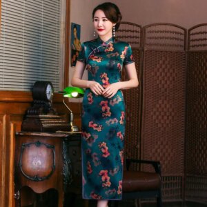 Cheongsam Qipao Women Dress Spring/Summer New High Quality Real Silk Print Modified Long Type Vintage