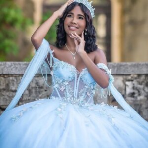 Customized sky blue Quinceanera Dress Off Shoulder applique crystal Lace layering flower Long tail vestidos de 15 Quinceanera