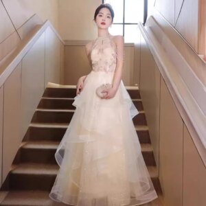 Champagne Halter Evening Dress 2025 New Gowns Women’s Bride Engagement Socialite Style Clothing Sexy Formal Dress Women Elegant