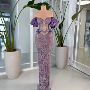 Purple Beaded Lace Sheath Long Evening Dress Graceful off Shoulder Wedding Party Gown Customized Sweetheart Neck Prom Dresses