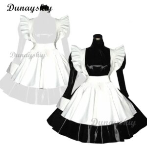Sweet Lolita Maid Costume Women Sexy PVC Leather French Maidservant Waitress Outfit Lace-up Maid Dress with Headwear Clubwear